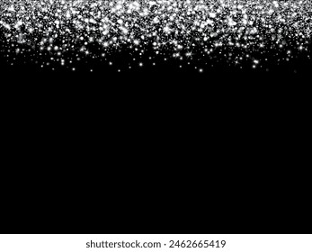 Silver glitter lights on black background. Sparkling glittering rain effect. Celebration backdrop for Christmas, wedding, birthday party. Luxury metallic frame, border. Vector.