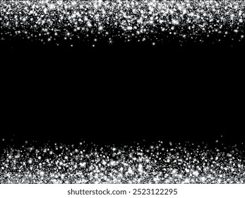 Silver glitter lights on black background. Sparkling glittering rain effect. Celebration backdrop for Christmas, wedding, birthday party. Luxury metallic frame, border. Vector.