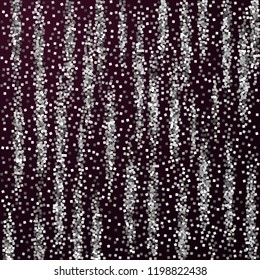 Silver glitter luxury sparkling confetti. Scattered small gold particles on red maroon background. Alluring festive overlay template. Juicy vector illustration.