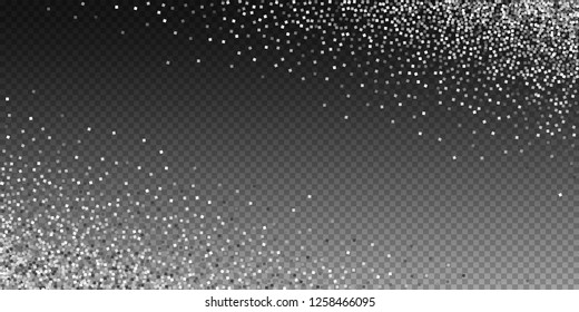 Silver glitter luxury sparkling confetti. Scattered small gold particles on transparent background. Astonishing festive overlay template. Resplendent vector illustration.