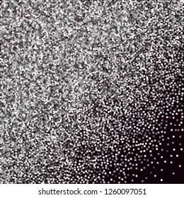 Silver glitter luxury sparkling confetti. Scattered small gold particles on red maroon background. Amusing festive overlay template. Good-looking vector illustration.