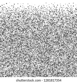 Silver glitter luxury sparkling confetti. Scattered small gold particles on white background. Amusing festive overlay template. Delightful vector illustration.