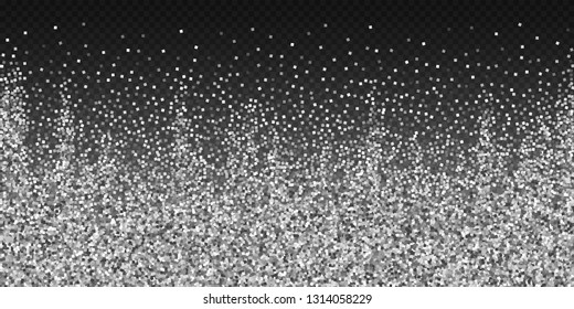 Silver glitter luxury sparkling confetti. Scattered small gold particles on transparent background. Beautiful festive overlay template. Stunning vector illustration.