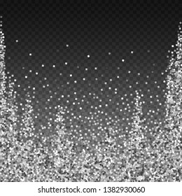 Silver glitter luxury sparkling confetti. Scattered small particles on transparent background. Adorable festive overlay template. Gorgeous vector illustration.