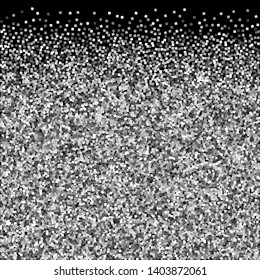 Silver glitter luxury sparkling confetti. Scattered small gold particles on black background. Amusing festive overlay template. Dazzling vector illustration.