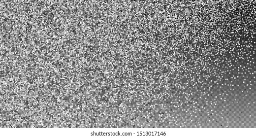 Silver glitter luxury sparkling confetti. Scattered small gold particles on transparent background. Captivating festive overlay template. Enchanting vector illustration.