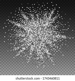 Silver glitter luxury sparkling confetti. Scattered small gold particles on transparent background. Actual festive overlay template. Radiant vector illustration.