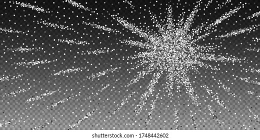 Silver glitter luxury sparkling confetti. Scattered small gold particles on transparent background. Authentic festive overlay template. Ideal vector illustration.
