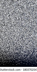 Silver glitter luxury sparkling confetti. Scattered small gold particles on dark blue background. Energetic festive overlay template. Pleasing vector background.