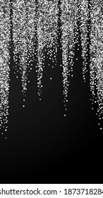 Silver glitter luxury sparkling confetti. Scattered small gold particles on black background. Enchanting festive overlay template. Gorgeous vector background.
