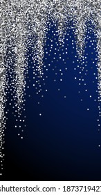 Silver glitter luxury sparkling confetti. Scattered small gold particles on dark blue background. Eminent festive overlay template. Neat vector background.