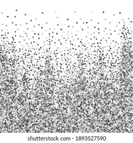 Silver glitter luxury sparkling confetti. Scattered small gold particles on white background. Adorable festive overlay template. Symmetrical vector illustration.
