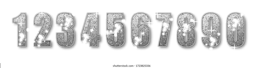 Silver Glitter Number numbers set. Luxury Silver Numbers from 0 to 9 with shimmering glitter isolated on white background. Silver dust, vector illustration.