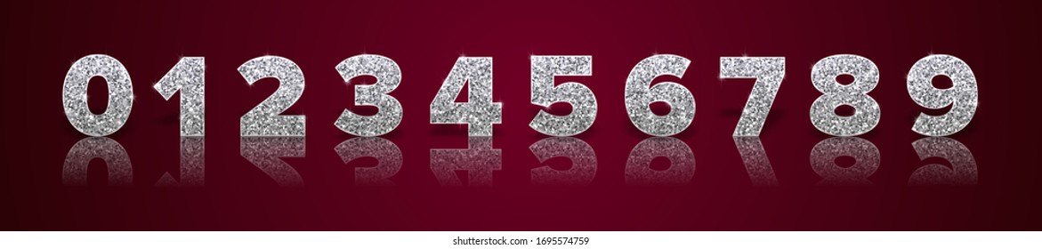 Silver Glitter Numbers With Reflection And Shadow In Royal Style On Red Background For Invitation Card And Sale Banner. Holiday Decoration. Vector Isolated Template.