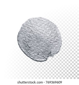 Silber glänzende Farbkreisflecken oder abstrakter Dab verschmieren die Schmucktextur auf transparentem Hintergrund. Einzeln glitzernder, glänzender Silberfarbenspritzer für Grußkartendesign-Vorlage