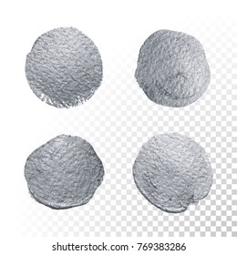 Silver glitter paint brush circle stains set or abstract dab smear smudge texture on transparent background. Isolated glittering silver paint ink splash stain for luxury greeting card design template