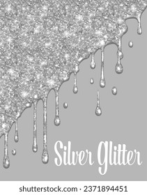 Silver glitter. Silver paint dripping on a gray background. Dripping liquid. The paint is flowing. Paint is flowing and drips. Templates for design, banners, creativity.