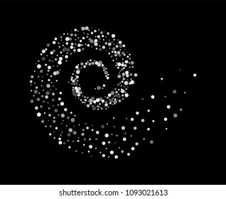 Silver glitter particles background effect twisted in swirl or vortex. Argent sparkling texture. Use for banner, greeting and Christmas card, invitation, postcard, paper packaging. Vector illustration