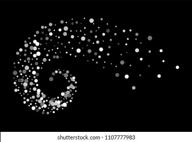 Silver glitter particles background effect twisted in swirl or vortex. Argent sparkling texture. Use for banner, greeting and Christmas card, invitation, postcard, paper packaging. Vector illustration