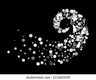 Silver glitter particles background effect twisted in swirl or vortex. Argent sparkling texture. Use for banner, greeting and Christmas card, invitation, postcard, paper packaging. Vector illustration