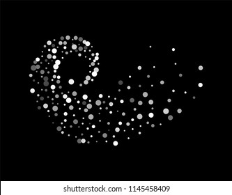 Silver glitter particles background effect twisted in swirl or vortex. Argent sparkling texture. Use for banner, greeting and Christmas card, invitation, postcard, paper packaging. Vector illustration