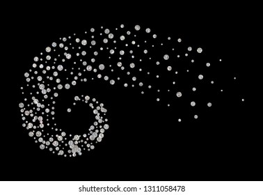 Silver glitter particles background effect twisted in swirl or vortex. Argent sparkling texture. Use for banner, greeting and Christmas card, invitation, postcard, paper packaging. Vector illustration