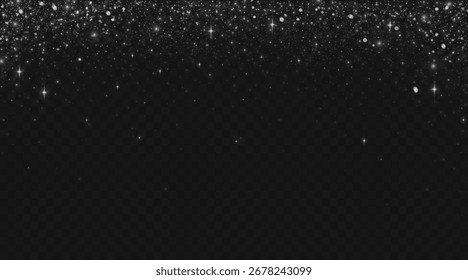 Silver glitter particles with shimmer effect on dark background for luxury or celebration design. Sparkling dust and bright stars scattered on gradient space. Elegant overlay for festive graphics.