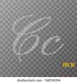 Silver glitter powder letter C in hand painted style on transparent background. Silver font type letter C, uppercase. Vector illustration. 
