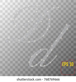 Silver glitter powder letter D in hand painted style on transparent background. Silver font type letter D, uppercase. Vector illustration. 