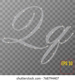 Silver glitter powder letter Q in hand painted style on transparent background. Silver font type letter Q, uppercase. Vector illustration. 