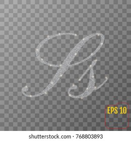 Silver glitter powder letter S in hand painted style on transparent background. Silver font type letter S, uppercase. Vector illustration. 