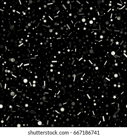 Silver glitter seamless stars, circles, rectangles confetti pattern. Luxury snowfalls vector background. White and black design element in eps 10 for banners, posters, cards, web.