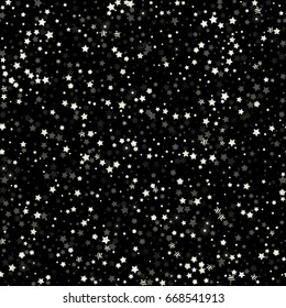 Silver glitter seamless stars confetti pattern. Luxury starfalls vector background. White and black design element in eps 10 for banners, posters, cards, web.
