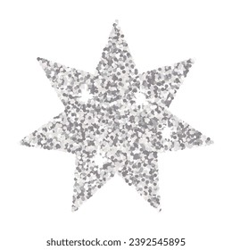 Silver glitter seven-pointed star isolated on a white background. Vector sparkling decorative element, holiday.