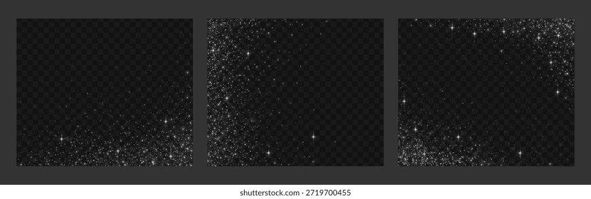 Silver glitter shimmer particles on black transparent backgrounds - distinct sparkle density variations with bright star like elements. Metallic dust textures and luminous effects for festive design