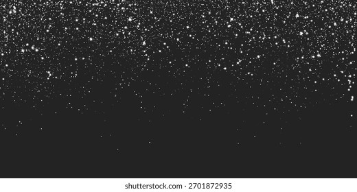 Silberner Glitzer schimmernd auf schwarzem Hintergrund. Vektorrealistische Illustration von leuchtenden weißen Funkeln, glänzenden Konfetti fallen, festliche Feiertage Partikel Spray-Effekt, magische Weihnachten schneebedeckte Dekoration
