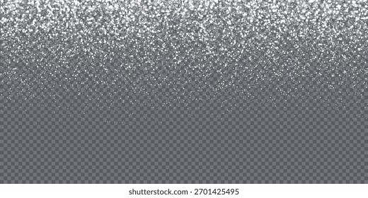 Silberner Glitzer-Schneeüberzug auf transparentem Hintergrund. Fallende glitzernde Partikel erzeugen einen festlichen Schimmereffekt für Winterdekorationen, Weihnachten, Neujahrsthemen. Urlaubsvektorgrafik.