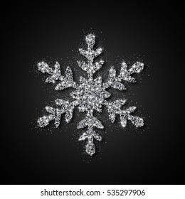 Silver Glitter Snowflake. Christmas, New Year Greeting Card. Vector Illustration.