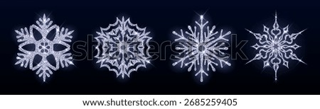 Silver glitter snowflake collection with sparkling textures for winter designs - crystal patterns on dark background. Shimmering festive decorations and holiday ornaments for seasonal projects.