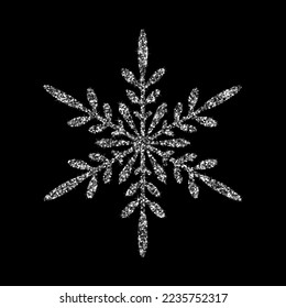 Icono de copo de nieve con brillo plateado. Modelo de navidad vectorial de lujo, Año Nuevo y vacaciones de invierno. Símbolo brillante de nieve de metal brillante sobre fondo negro. Diseño para decoración, impresiones, tarjeta de felicitación, sitio web