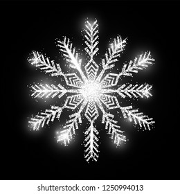Silver glitter snowflake isolated on black background. Christmas and New year concept. Vector illustration