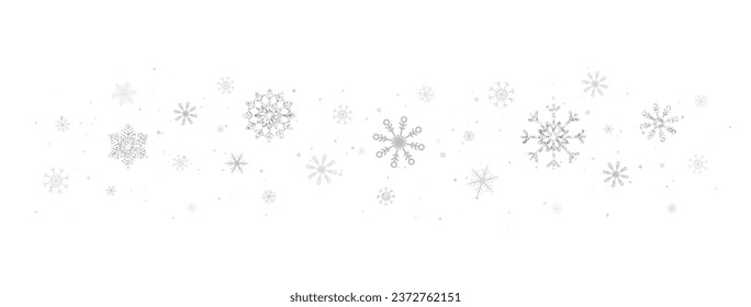 Silver glitter snowflakes wave on white background. Grey snowflake border with different ornament. Luxury Christmas garland frame. Winter ornament for packaging, card, banner. Vector illustration.
