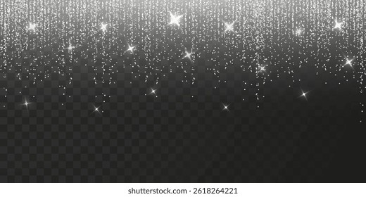 Silver glitter sparkle on a transparent background. Silver Vibrant background with twinkle lights. Vector illustration.