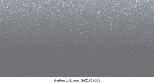 Silver glitter sparkles fallen on transparent background. Abstract dust particles, white confetti png bg. Festive wallpaper for christmas poster, flyer, new year card, realistic vector snow powder.