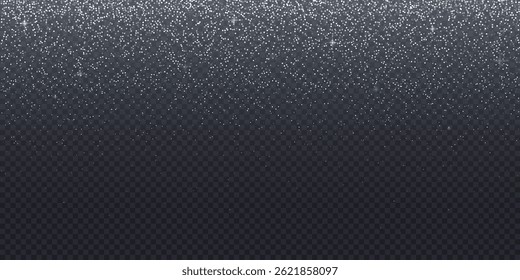 Silver glitter sparkles fallen on transparent background. Abstract dust particles, white confetti png bg. Festive wallpaper for christmas poster, flyer, new year card, realistic vector snow powder.