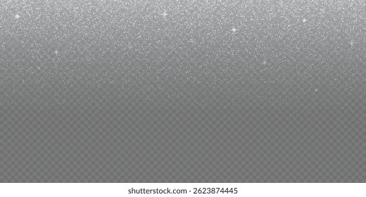 Silver glitter sparkles fallen on transparent background. Abstract dust particles, white confetti png bg. Festive wallpaper for christmas poster, flyer, new year card, realistic vector snow powder.