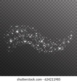 Silver glitter sparkles on transparent background. Vector dust texture. Twinkling confetti, shimmering star lights. Vector illustration.