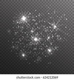 Silver glitter sparkles on transparent background. Vector dust texture. Twinkling confetti, shimmering star lights. Vector illustration.