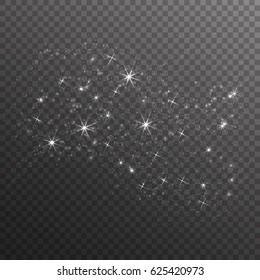 Silver glitter sparkles on transparent background. Vector dust texture. Twinkling confetti, shimmering star lights. Vector illustration.