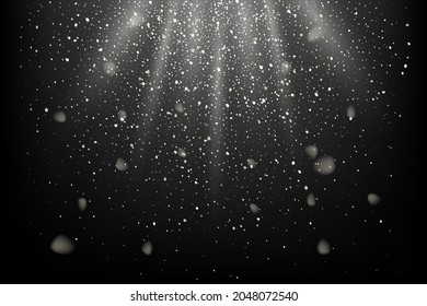 Silver glitter and sparkles in sun rays background. White lines in shiny light vector illustration. Bright dust sparkling on black wallpaper design. Christmas or holiday card decoration.